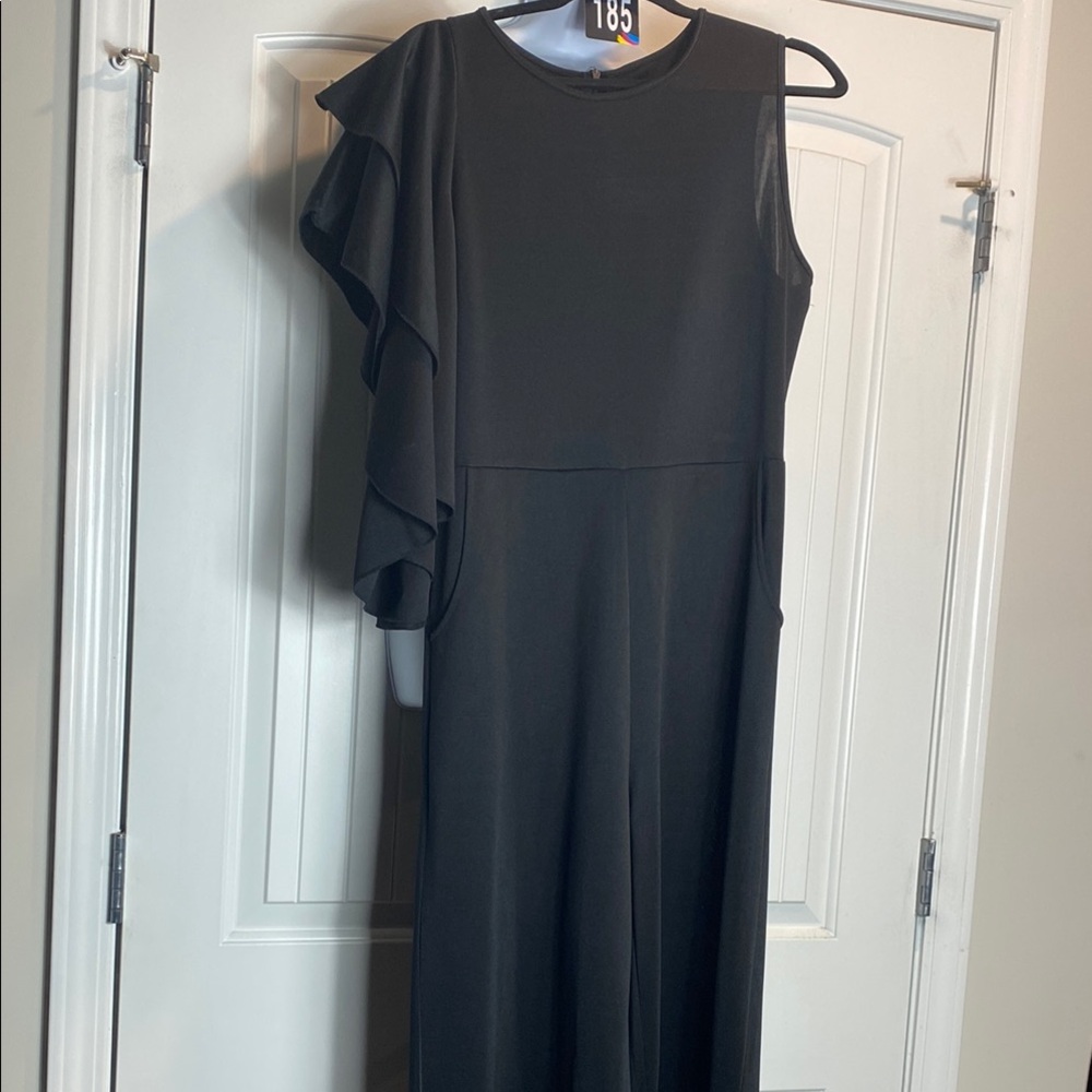 Black Asymmetrical Ruffled One Shoulder Jumpsuit
